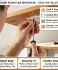 Person installing Beefy Heavy-Duty Stainless Steel L Shape Furniture Bracket Set With Screws on wooden furniture for support