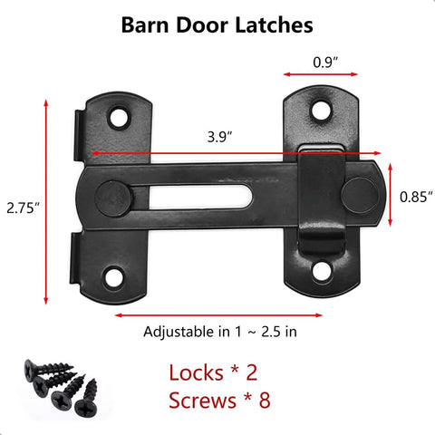 Sliding Barn Door Lock For Privacy In Stainless Steel, Durable Latch, 3.9 in x 2.75 in, black finish with screws, 2 pack