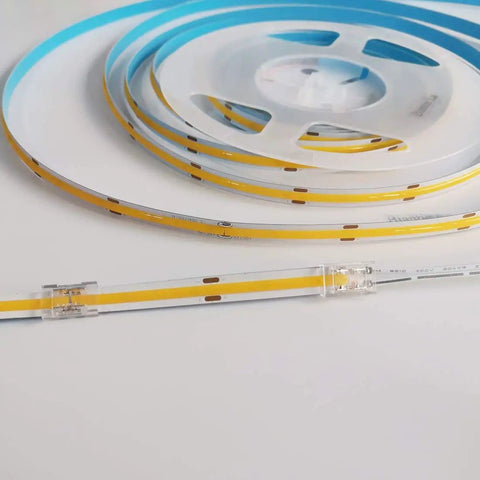 8mm COB LED Strip Connector Kit With 2 Pin Extension for High Density COB Lights Transparent Gapless Splicer shown with LED strip