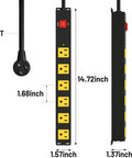 Heavy Duty 6 Outlet Metal Power Strip With 2700J Surge Protector And 15A Circuit Breaker, 6ft Extension Cord, Wall Mount For Garage Workshop And Industrial Use, Wide Spaced Outlets For Big Plugs, 14.72-inch black strip