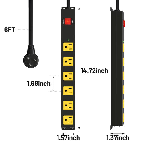 Heavy Duty 6 Outlet Metal Power Strip With 2700J Surge Protector And 15A Circuit Breaker, 6ft Extension Cord, Wall Mount For Garage Workshop And Industrial Use, Wide Spaced Outlets For Big Plugs, 14.72-inch black strip