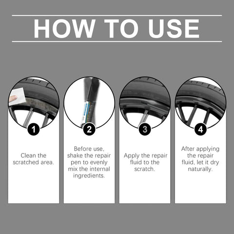 Slick Car Scratch Repair Pen Set For Fast Silver Touch Up Paint And Quick Clear Coat Markers showing how to use on scratched rim.