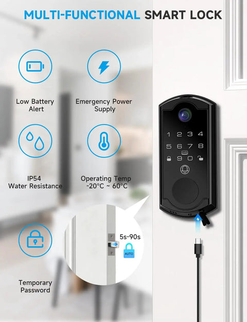 Top Tier Smart Door Lock With Built In Camera And Fingerprint Keypad Serving Up Crisp 780P Video Doorbell Footage For Easy Two Way Chat Plus Frictionless Keyless Entry Auto Lock For Your Front Door
