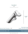 Commercial M-Press Chrome One-Hole Bathroom Faucet For Public Restrooms with dimensions and installation details displayed