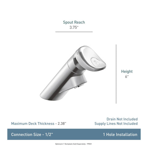 Commercial M-Press Chrome One-Hole Bathroom Faucet For Public Restrooms with dimensions and installation details displayed