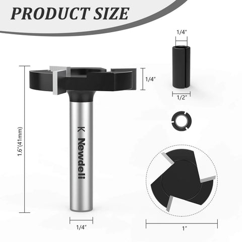 Front view of CNC Spoilboard Surfacing Router Bit Pro with 1/4 inch shank and 1 inch cutting diameter, three wing design for woodworking.