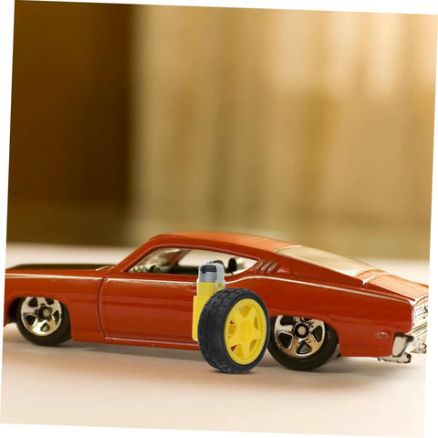 Orange toy car with Electric Motor And Plastic Tire Wheel Set For RC Cars And Trucks next to it, showcasing easy assembly wheels.