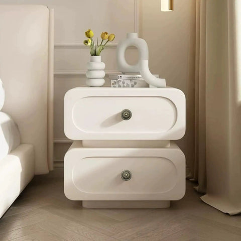 Cream dresser with Vintage Bronze Cabinet Knobs Set For Dresser And Cupboard, Rustic Round Drawer Pulls, visible in bedroom setting.