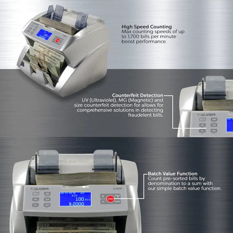 Workhorse Cash Counter With Counterfeit Detection UV MG IR DD DBL HLF CHN, displaying features and digital screen