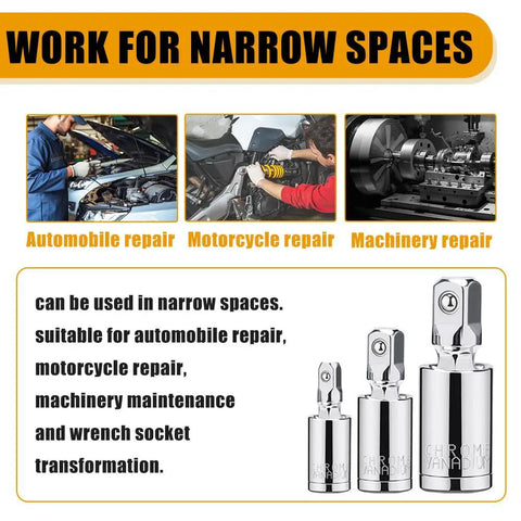 Three Piece Universal Joint Socket Set One Quarter Inch Drive Three Eighths Inch Drive And One Half Inch Drive Swivel Sockets In Premium Chrome Vanadium Steel For Tight Spots And Hard To Reach Corners