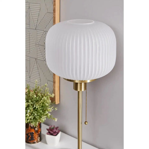 Hazel Table Lamp in Antique Brass with Frosted Ribbed Glass Shade 22 Inch Tall 60W Pull Chain Lighting for Living Room or Bedroom