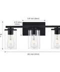Dimensions of Three Light Vanity Light Fixture With Clear Glass Shades Slick Matte Black Wall Sconce For Bathroom Mirror Hallway