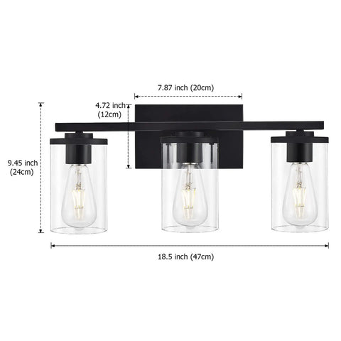 Dimensions of Three Light Vanity Light Fixture With Clear Glass Shades Slick Matte Black Wall Sconce For Bathroom Mirror Hallway
