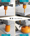EXFEIN diamond core tile drill bits for porcelain/stone; orange 1/4, 5/16, 3/8 sizes; four drilling views.