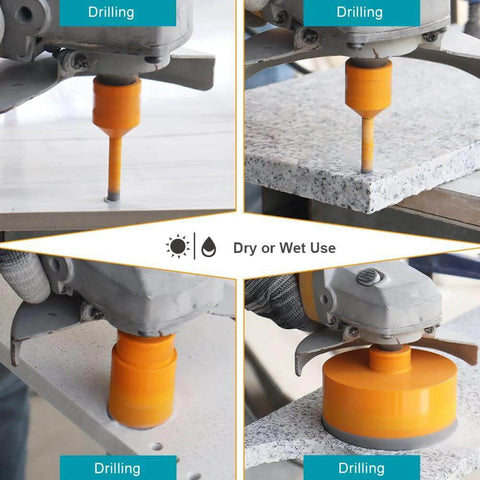 EXFEIN diamond core tile drill bits for porcelain/stone; orange 1/4, 5/16, 3/8 sizes; four drilling views.