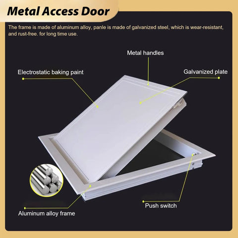Heavy Duty Drywall Access Panel With Smooth Operating Handle Recessed Metal Wall Hole Cover For Indoor Hvac Ducts And Attic Laundry Sleek Aluminum Service Door 36 By 40 Inches No Sweat Install shown with metal handles and aluminum alloy frame.