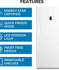 Heavy Duty Convertible Upright Fridge Freezer With Auto Defrost And Four Adjustable Shelves, features Energy Star and quick freeze mode.