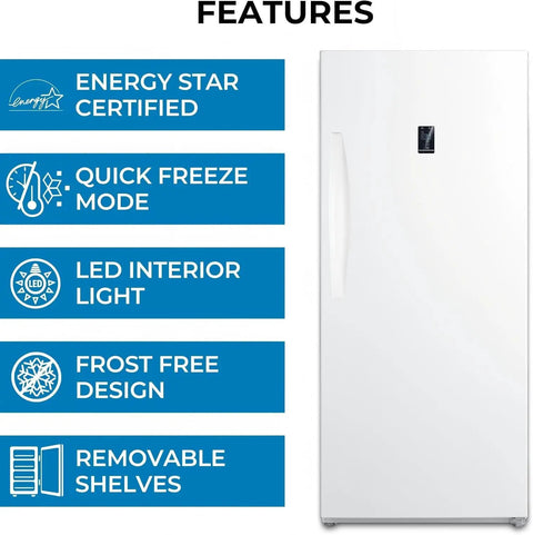 Heavy Duty Convertible Upright Fridge Freezer With Auto Defrost And Four Adjustable Shelves, features Energy Star and quick freeze mode.