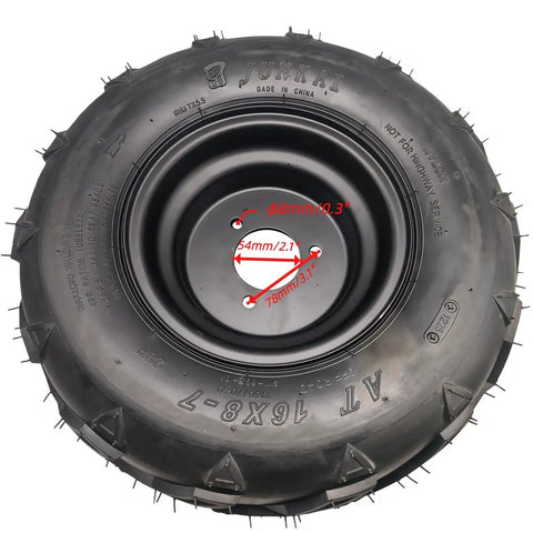 7 Inch Right Wheel Rim Tire Assembly For ATVs And Go Karts Fits 50cc 90cc 110cc 125cc Includes 16x8-7 Tire And 79mm Bolt Rim Bolt-On Ready To Roll Easy Install Replacement showing 16x8-7 tire and bolt pattern