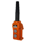 Front view: JET orange pendant control for 5-ton electric chain hoist; black handle and two gray push buttons.