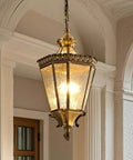 Copper Outdoor Pendant Light With Waterproof Anti Rust Finish, Brass Exterior Hanging Fixture, 19.3 inches, installed in foyer