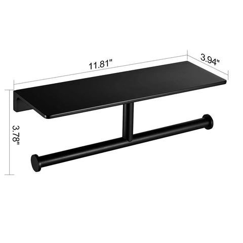 Double Roll Toilet Paper Holder With Shelf Matte Black Brass Finish, Hotel Style Tissue Dispenser, solid construction, side view