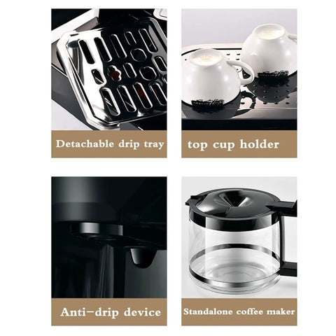 Detachable drip tray and top cup holder of 2 In 1 Espresso And Drip Coffee Maker With 15 Bar Pressure 1.4L Water Tank