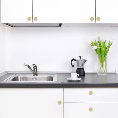 10 Pack Brushed Brass Kitchen Cabinet Knobs With Knurled Texture Gold Drawer Knobs on white cabinets in modern kitchen setup