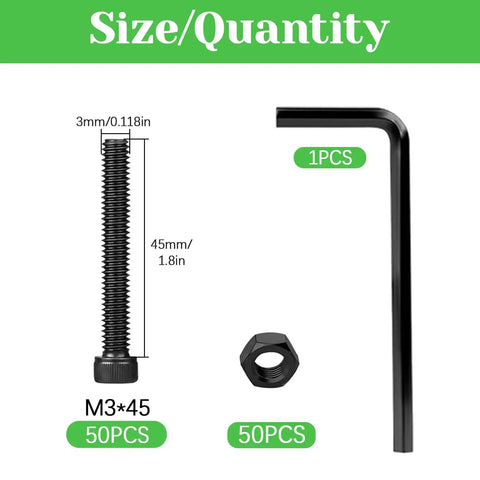 100-Piece M3 X 45mm Hex Socket Head Cap Screws Bolts In Carbon Steel With Black Oxide Finish, Allen Drive, Full Threads