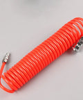 Hella Durable Coiled Air Compressor Hose Built Damn Tough With Single Layer Polyurethane And Oil Resistant Build featuring red coiled design.