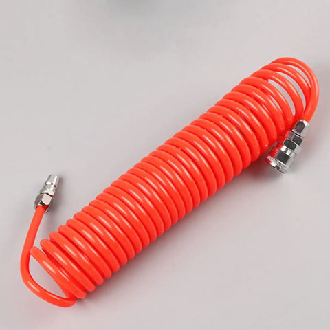 Hella Durable Coiled Air Compressor Hose Built Damn Tough With Single Layer Polyurethane And Oil Resistant Build featuring red coiled design.