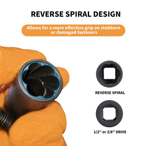 Reverse spiral design of Bolt Nut Extractor Set Heavy Duty Metric Eight To Twenty Seven Millimeter with Impact Lug Removal Tool