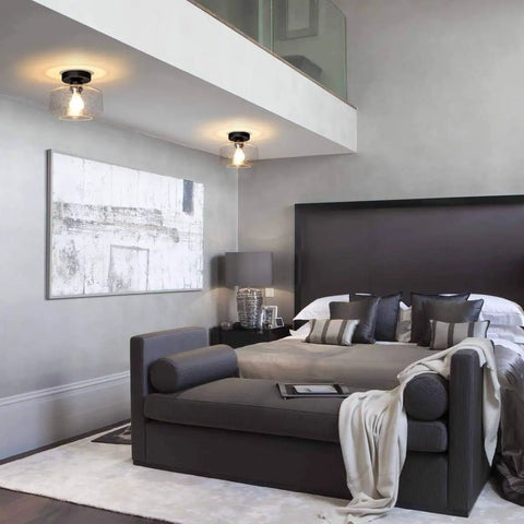 Industrial Ceiling Light Fixture With Seeded Glass Shade Semi Flush Mount Black Base for Bedroom