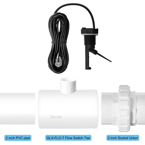 Flow Switch Replacement Kit For Goldline Aquarite Salt Systems, featuring flow sensor assembly, tee, 15 ft cable, GLX-FLO-RP.