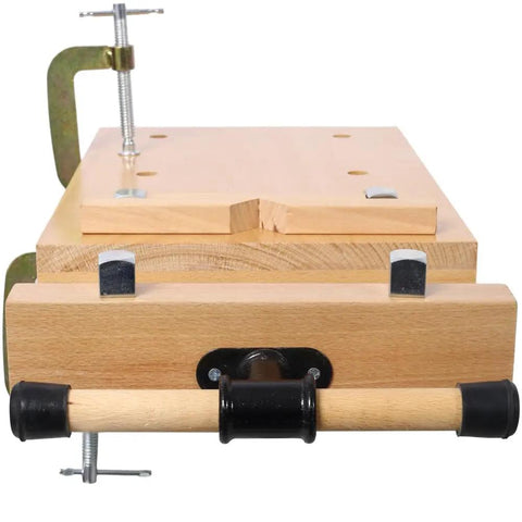 Top Tier Wood Vise For Workbench Quick Release Handle G Type Mount 78 Inch Jaw Opens on a wooden work surface with grip.