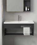 Wall Mounted Bathroom Sink with modern gray cabinet, hot and cold water taps, small corner bathroom vanity for bathroom use.