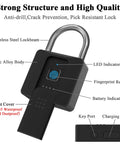 Fingerprint Padlock With Bluetooth Key Backup Heavy Duty Waterproof Lock With labeled parts, LED, and fingerprint reader