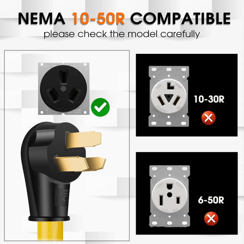 Diagram showing NEMA 10-50R compatibility with 3-prong EV Charger Adapter Cord, highlighting incorrect 10-30R and 6-50R outlets.
