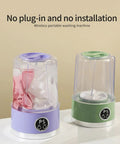 Portable Cordless Laundry Washer With 3000Mah Battery No Sweat Operation For Dorm Rooms And Campout Adventures Hospital Grade Deep Clean Clothes Machine In White, two models in purple and green.