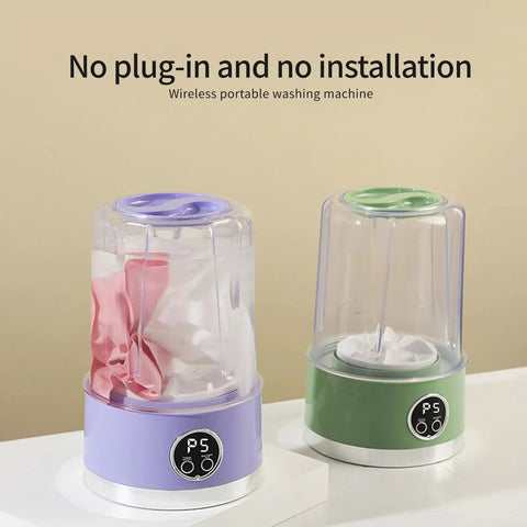 Portable Cordless Laundry Washer With 3000Mah Battery No Sweat Operation For Dorm Rooms And Campout Adventures Hospital Grade Deep Clean Clothes Machine In White, two models in purple and green.