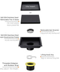 Diagram of Square Shower Floor Drain With Tile Insert Grate 6 Inch Long Matte Black Finish SUS 304 Stainless Steel detailing components