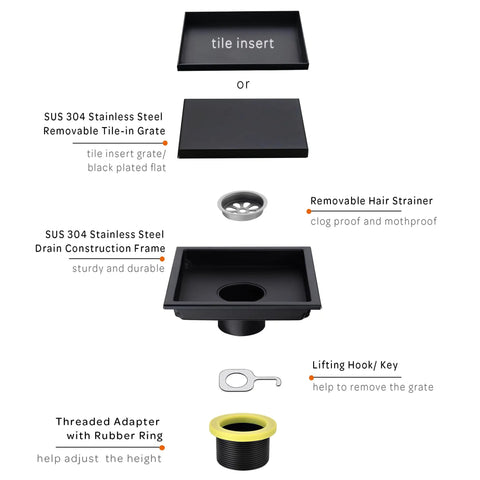 Diagram of Square Shower Floor Drain With Tile Insert Grate 6 Inch Long Matte Black Finish SUS 304 Stainless Steel detailing components