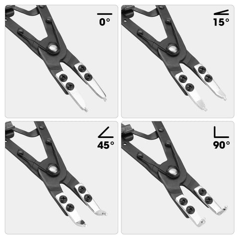 Beefed-Up Heavy Duty 2 Piece 10 Inch Multi Angle Internal And External Circlip Pliers Set showing 0°, 15°, 45°, 90° tips