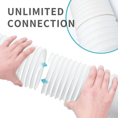 Hands extending 80 Inch Expandable AC Exhaust Hose with 5.9 Inch Diameter Anti Clockwise Thread For Portable Air Conditioners No Fuss Vent Kit