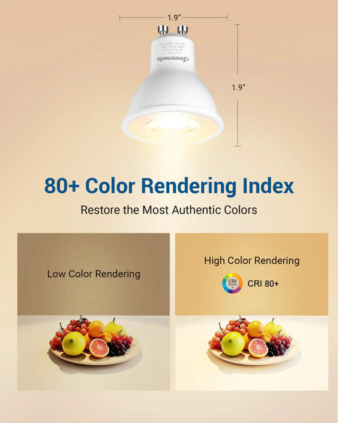 Gu10 Dimmable LED Bulbs 7W 500 Lumens 3000K Warm White showing high color rendering with fruits comparison