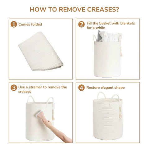 Image showing how to remove creases from White Laundry Basket With Handles, Tall Woven Hamper For Clothes And Towels, 16 by 20 inches.