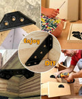 Tough As Nails Black Stainless Steel Corner Braces For Wood Lock Tight L Brackets and Angle Connectors installed on wood joints.