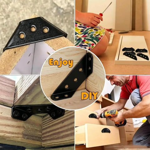 Tough As Nails Black Stainless Steel Corner Braces For Wood Lock Tight L Brackets and Angle Connectors installed on wood joints.