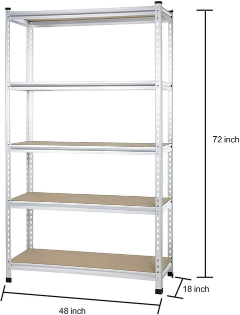 Rock Solid Five Tier Aluminum Storage Shelving Rack With Adjustable Heavy Duty Platforms For Garage Workshop And Home Top Notch Frame Handles Massive Loads Quick No Sweat Snap Together Setup Keeps Mess Out Of Sight Daily