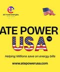 ATE POWER USA branding with logo on yellow background, promoting energy savings, featuring American flag design.